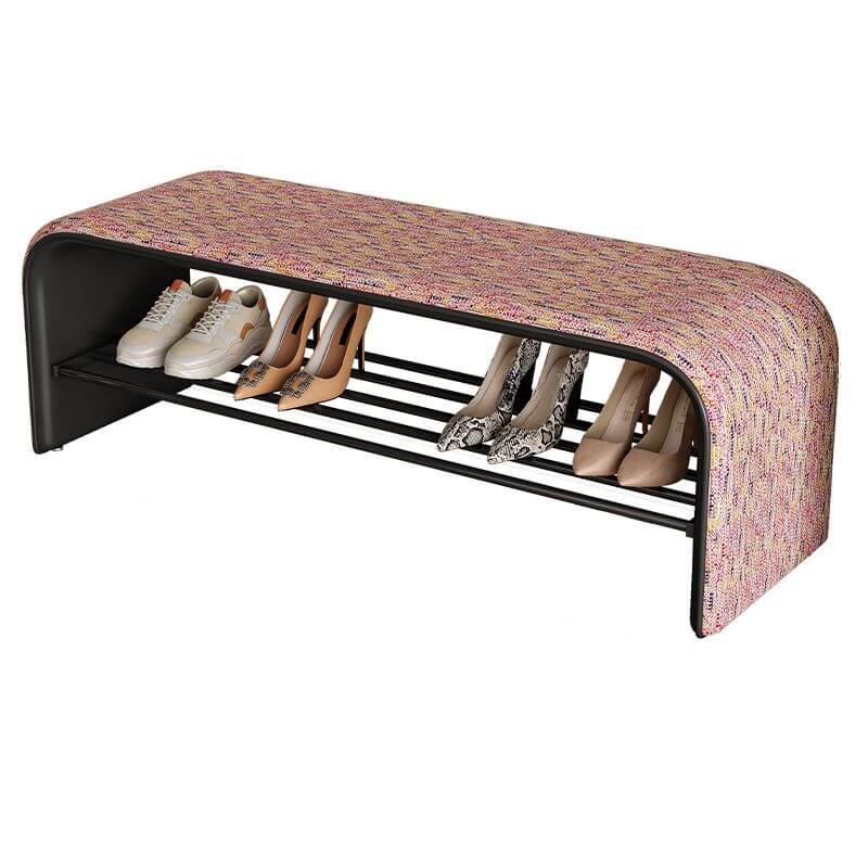 Curved Backless Entryway Bench with Pixelated Abstract Fabric and Industrial Metal Base