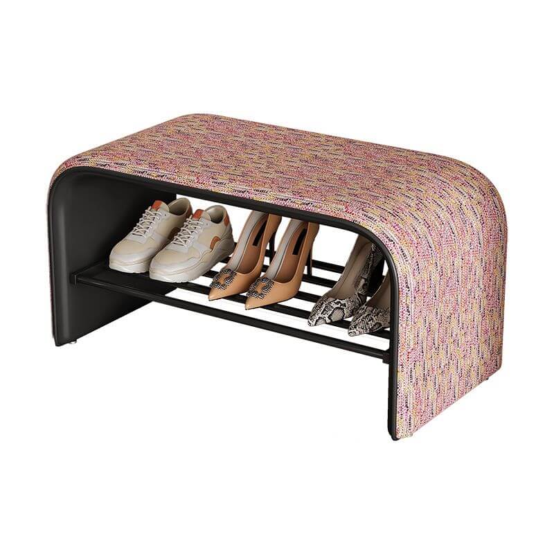 Curved Backless Entryway Bench with Pixelated Abstract Fabric and Industrial Metal Base