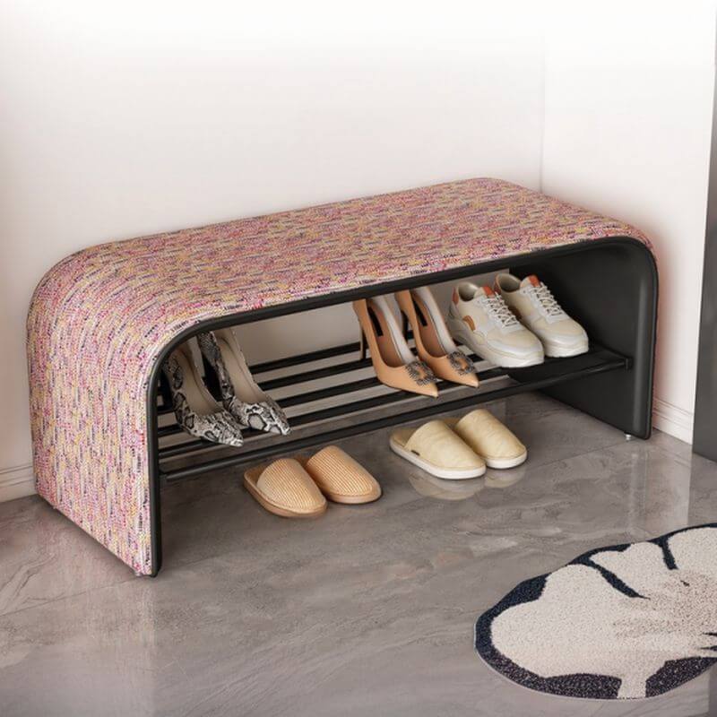 Curved Backless Entryway Bench with Pixelated Abstract Fabric and Industrial Metal Base