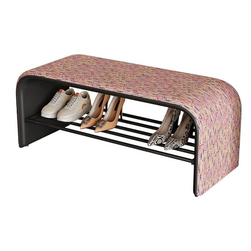Curved Backless Entryway Bench with Pixelated Abstract Fabric and Industrial Metal Base