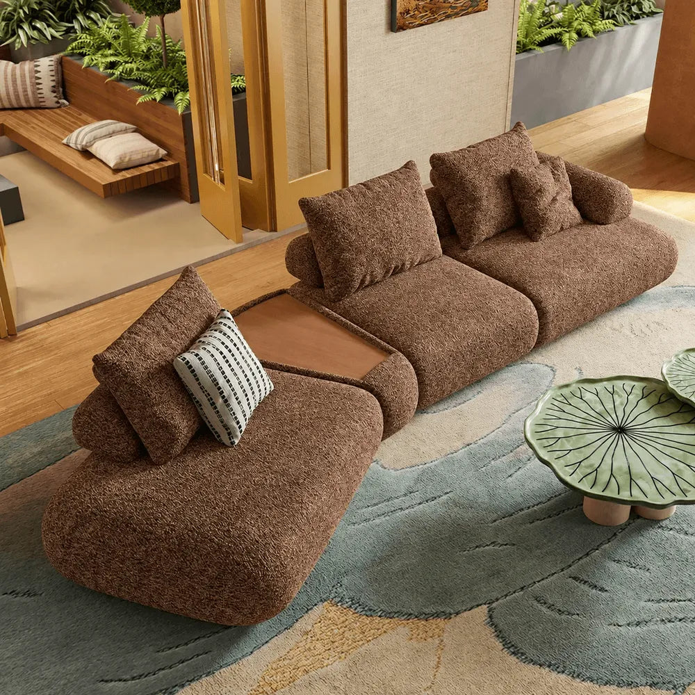 Curved Chenille Sofa Series in Cocoa Brown for Sculptural Lounge Living