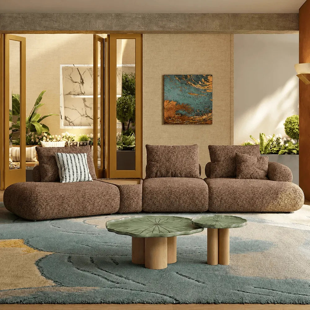 Curved Chenille Sofa Series in Cocoa Brown for Sculptural Lounge Living