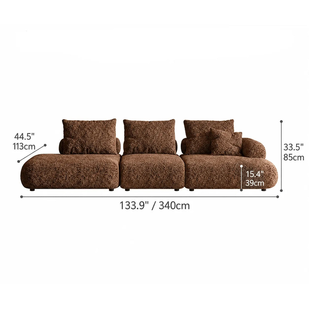 Curved Chenille Sofa Series in Cocoa Brown for Sculptural Lounge Living Dimensions