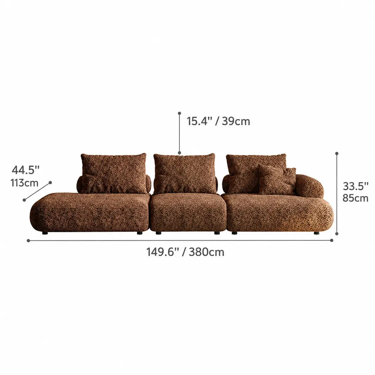 Curved Chenille Sofa Series in Cocoa Brown for Sculptural Lounge Living Dimensions