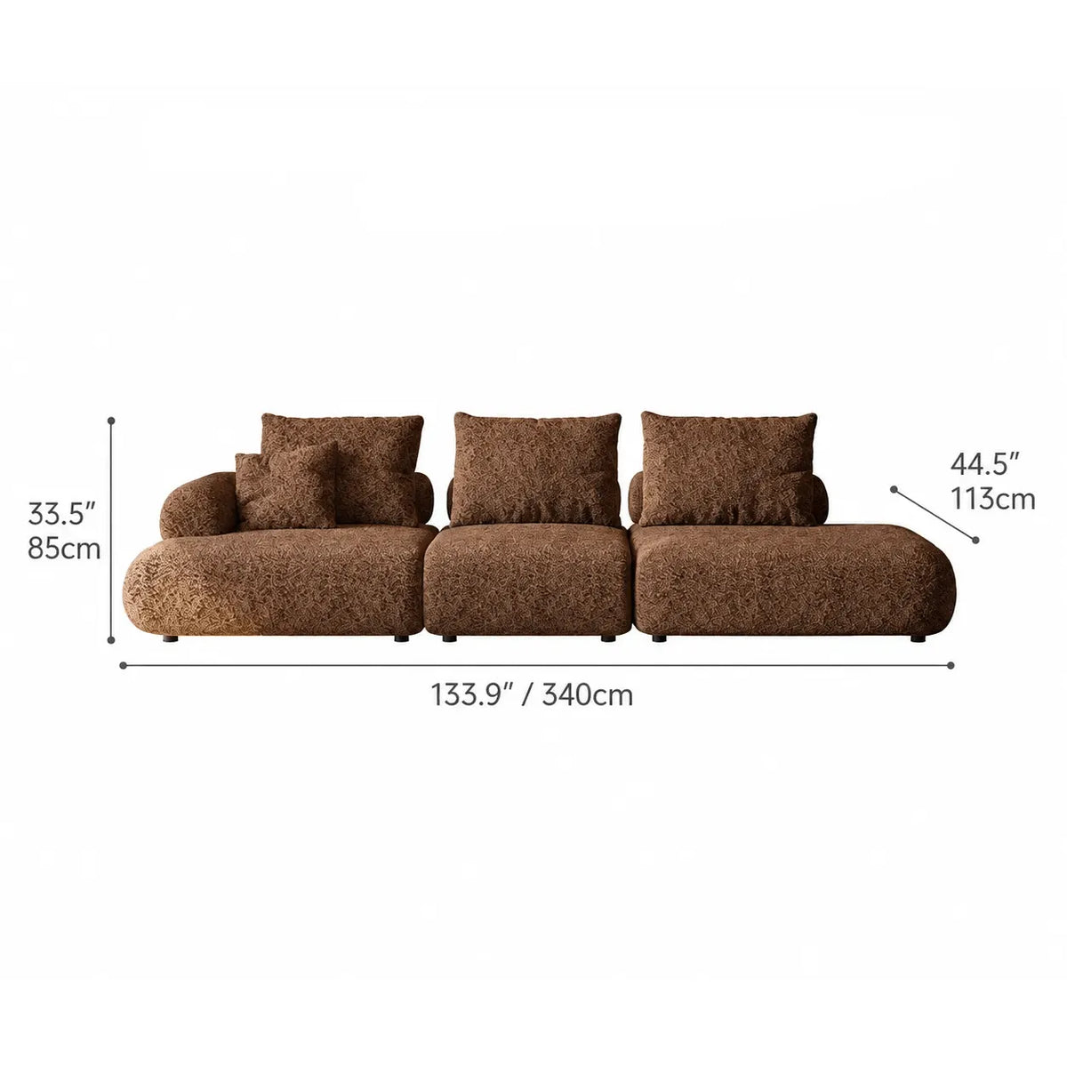 Curved Chenille Sofa Series in Cocoa Brown for Sculptural Lounge Living Dimensions