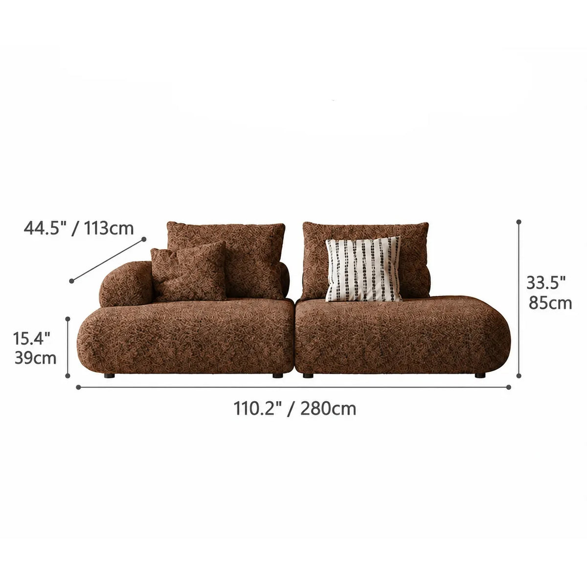 Curved Chenille Sofa Series in Cocoa Brown for Sculptural Lounge Living Dimensions