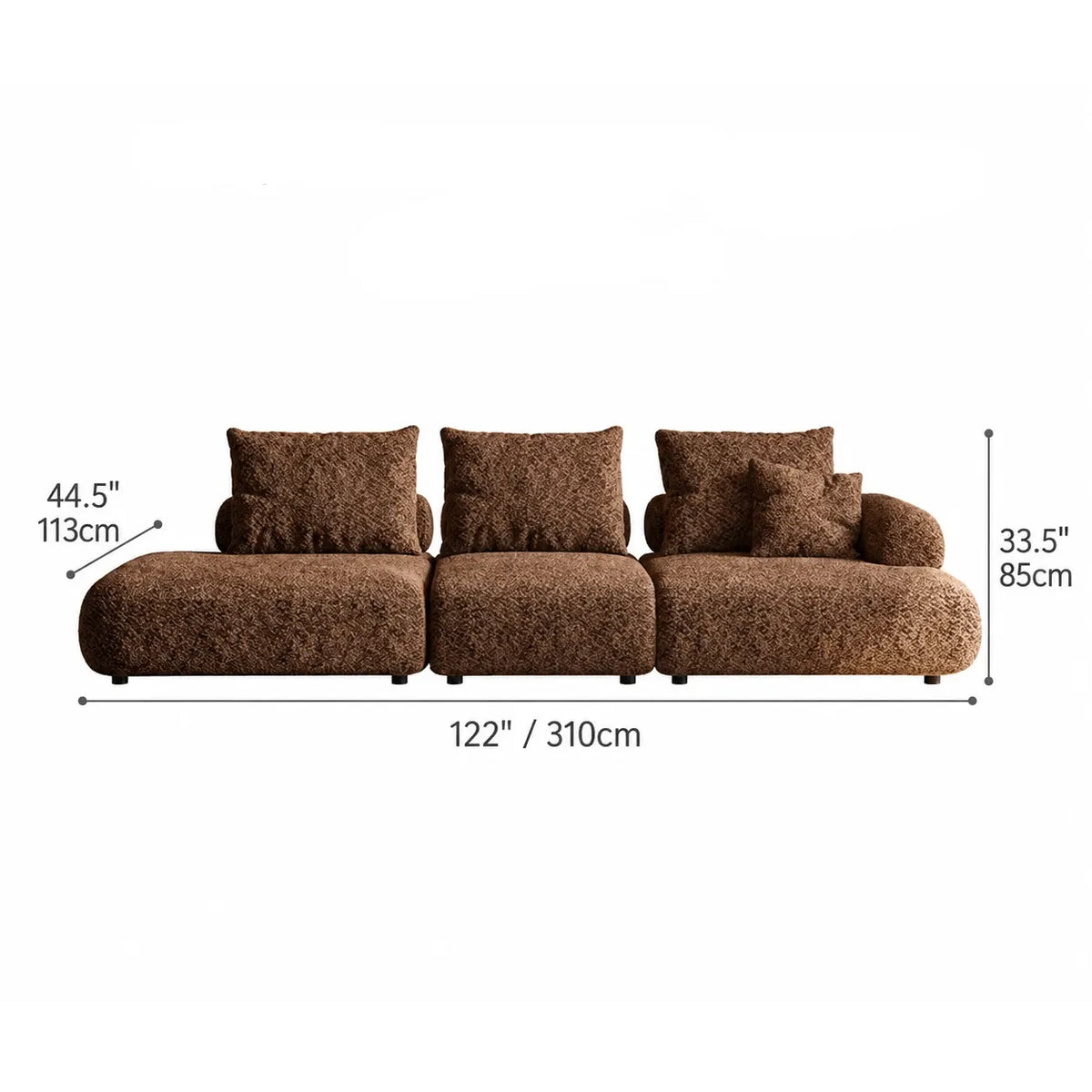 Curved Chenille Sofa Series in Cocoa Brown for Sculptural Lounge Living Dimensions
