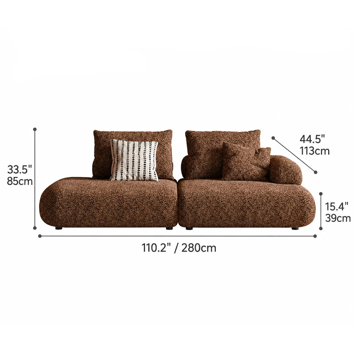 Curved Chenille Sofa Series in Cocoa Brown for Sculptural Lounge Living Dimensions