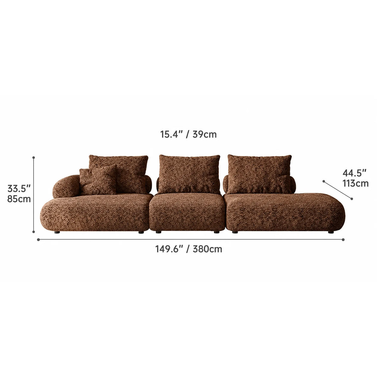 Curved Chenille Sofa Series in Cocoa Brown for Sculptural Lounge Living Dimensions