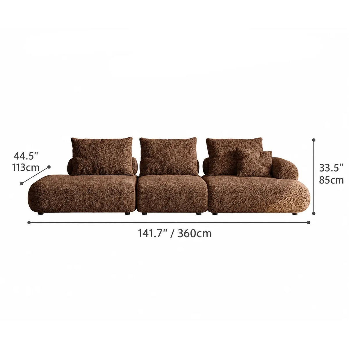 Curved Chenille Sofa Series in Cocoa Brown for Sculptural Lounge Living Dimensions