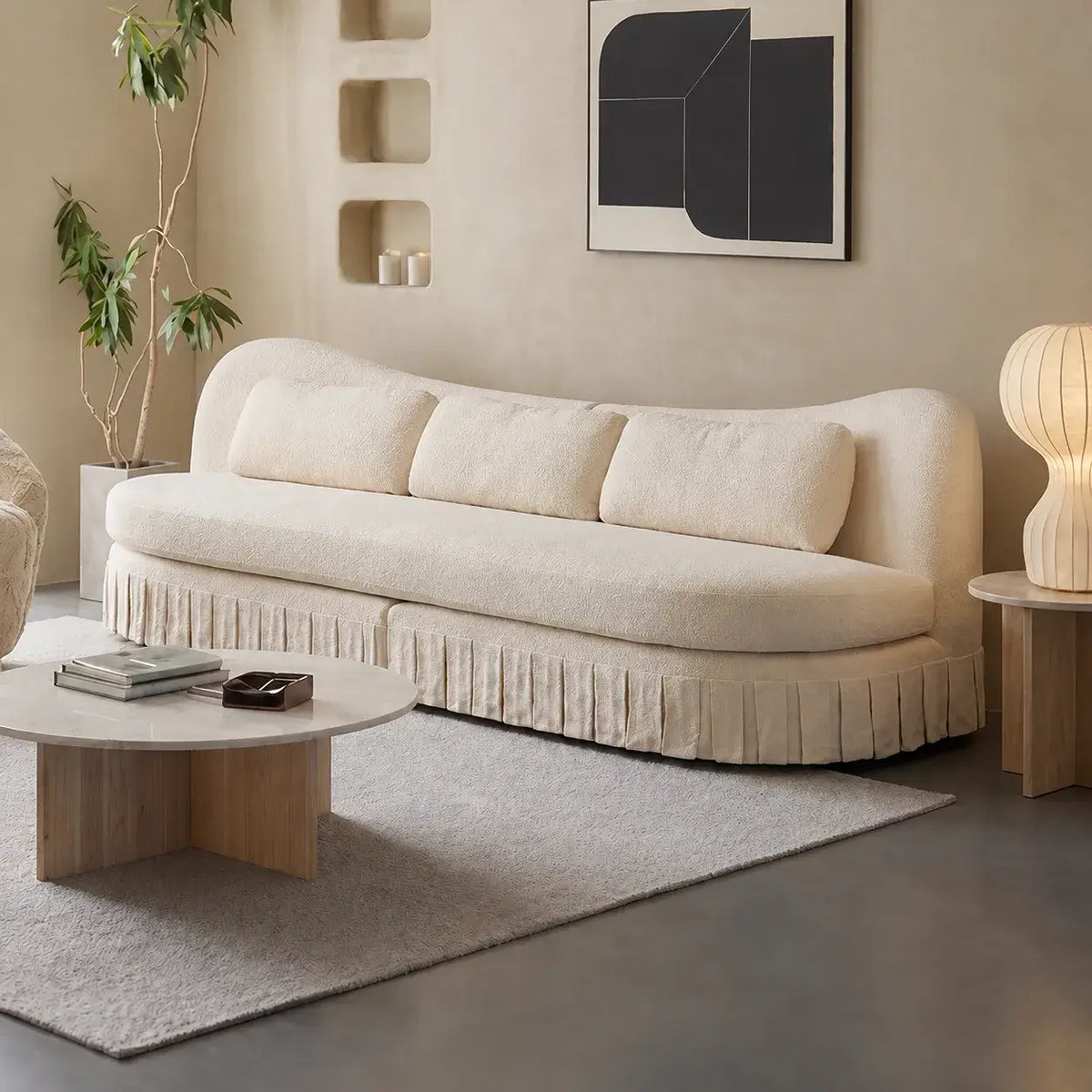 Curved Linen-Texture Pleated Skirt Sofa Series With Lounge Chair