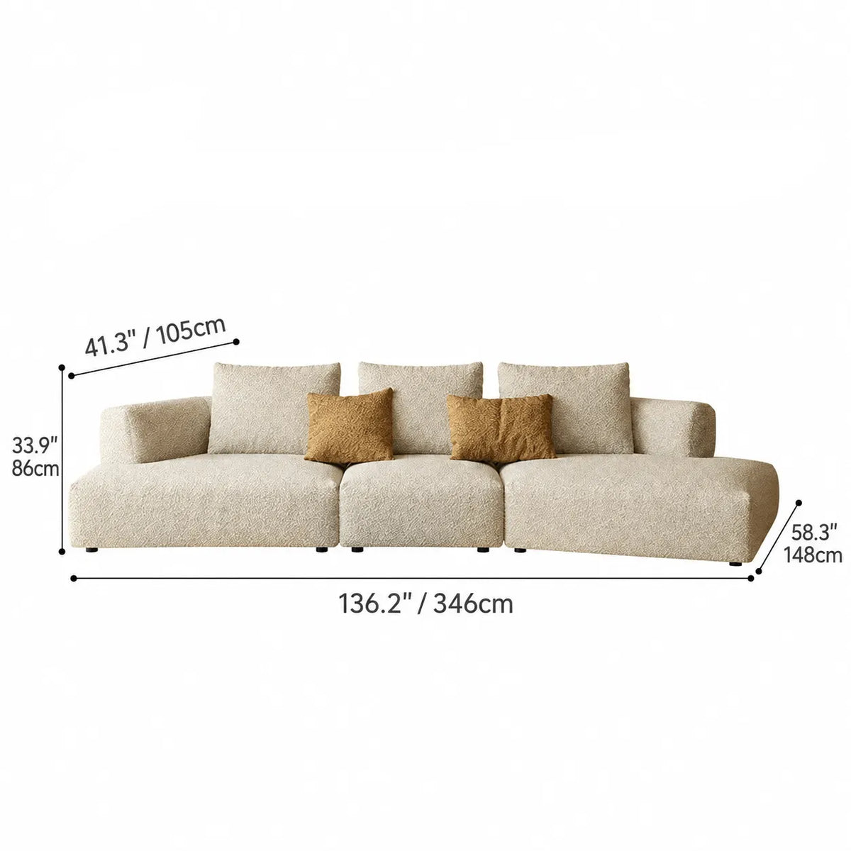 Curved Modular Chenille Sofa With Low Lounge Profile and Washable Covers Dimensions