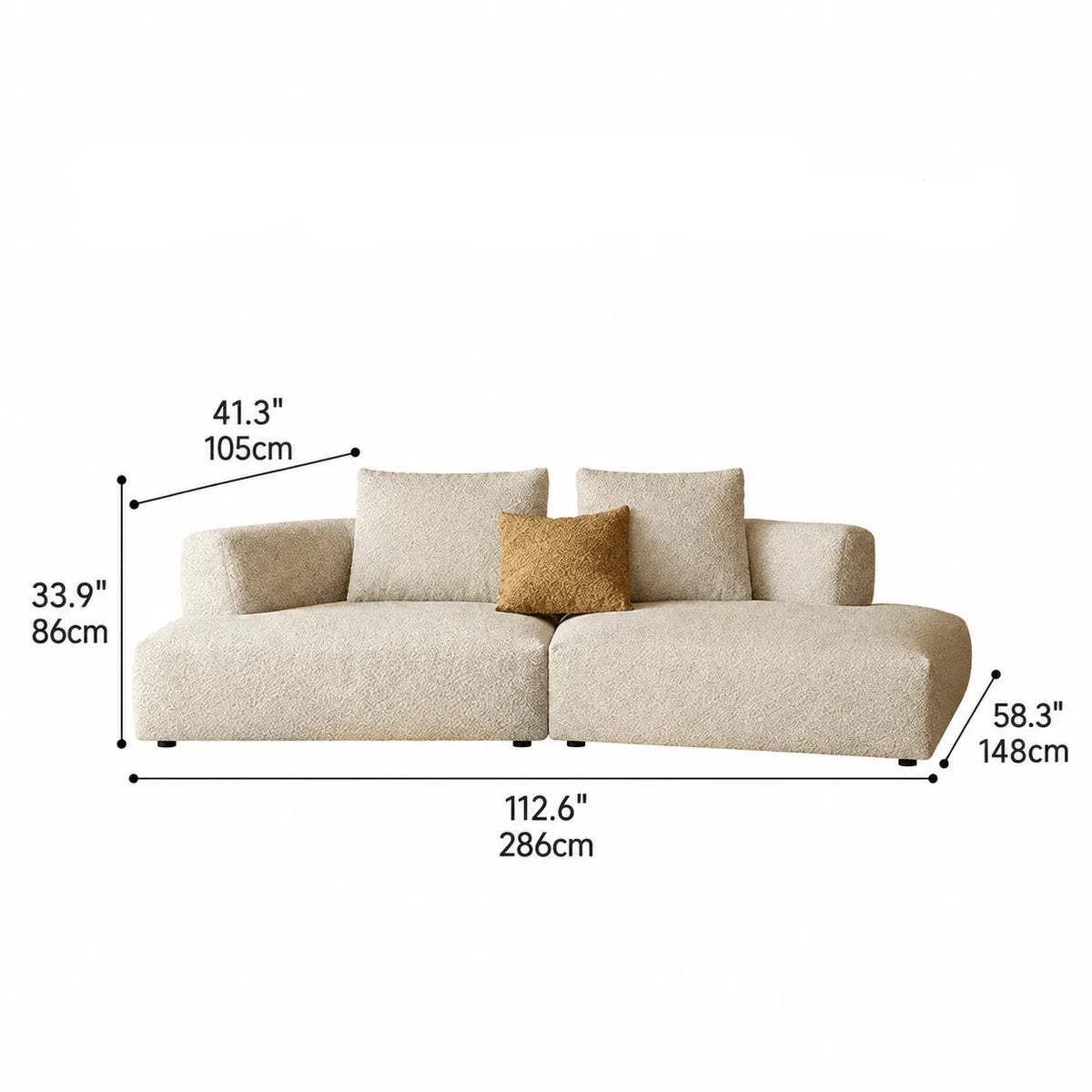 Curved Modular Chenille Sofa With Low Lounge Profile and Washable Covers Dimensions
