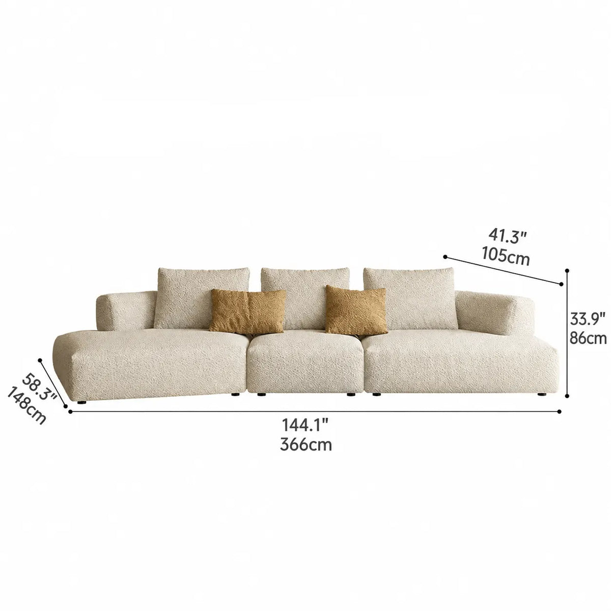 Curved Modular Chenille Sofa With Low Lounge Profile and Washable Covers Dimensions