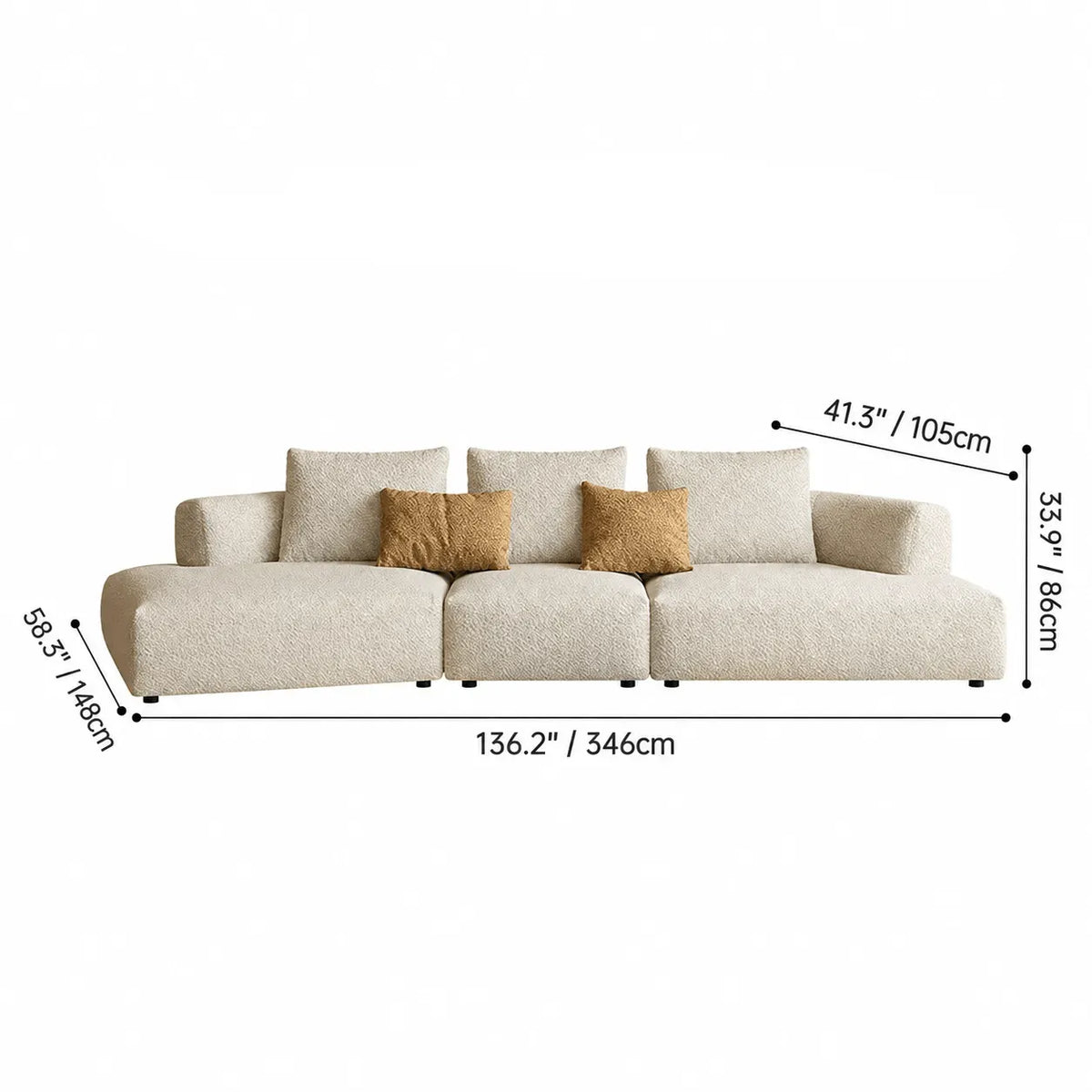 Curved Modular Chenille Sofa With Low Lounge Profile and Washable Covers Dimensions