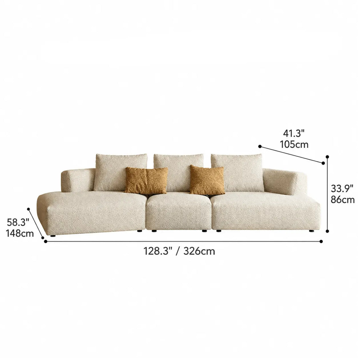 Curved Modular Chenille Sofa With Low Lounge Profile and Washable Covers Dimensions