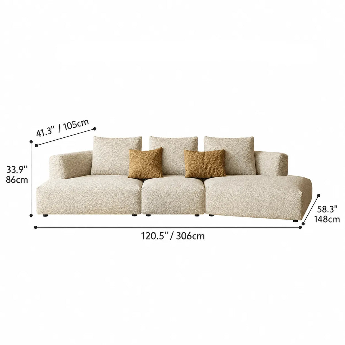 Curved Modular Chenille Sofa With Low Lounge Profile and Washable Covers Dimensions