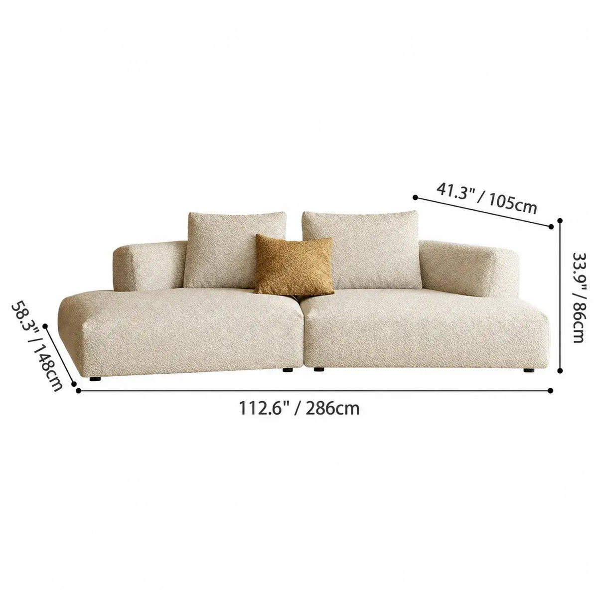 Curved Modular Chenille Sofa With Low Lounge Profile and Washable Covers Dimensions