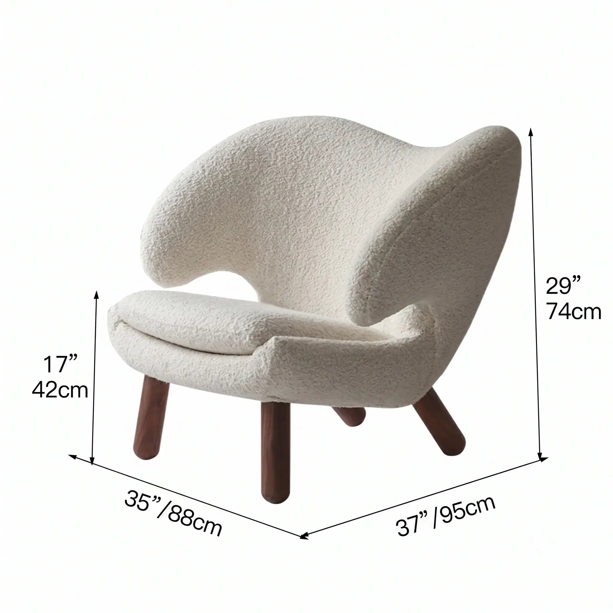 Curved Pelican Chair in Boucle, Walnut Legs, French Vintage Accent Dimensions