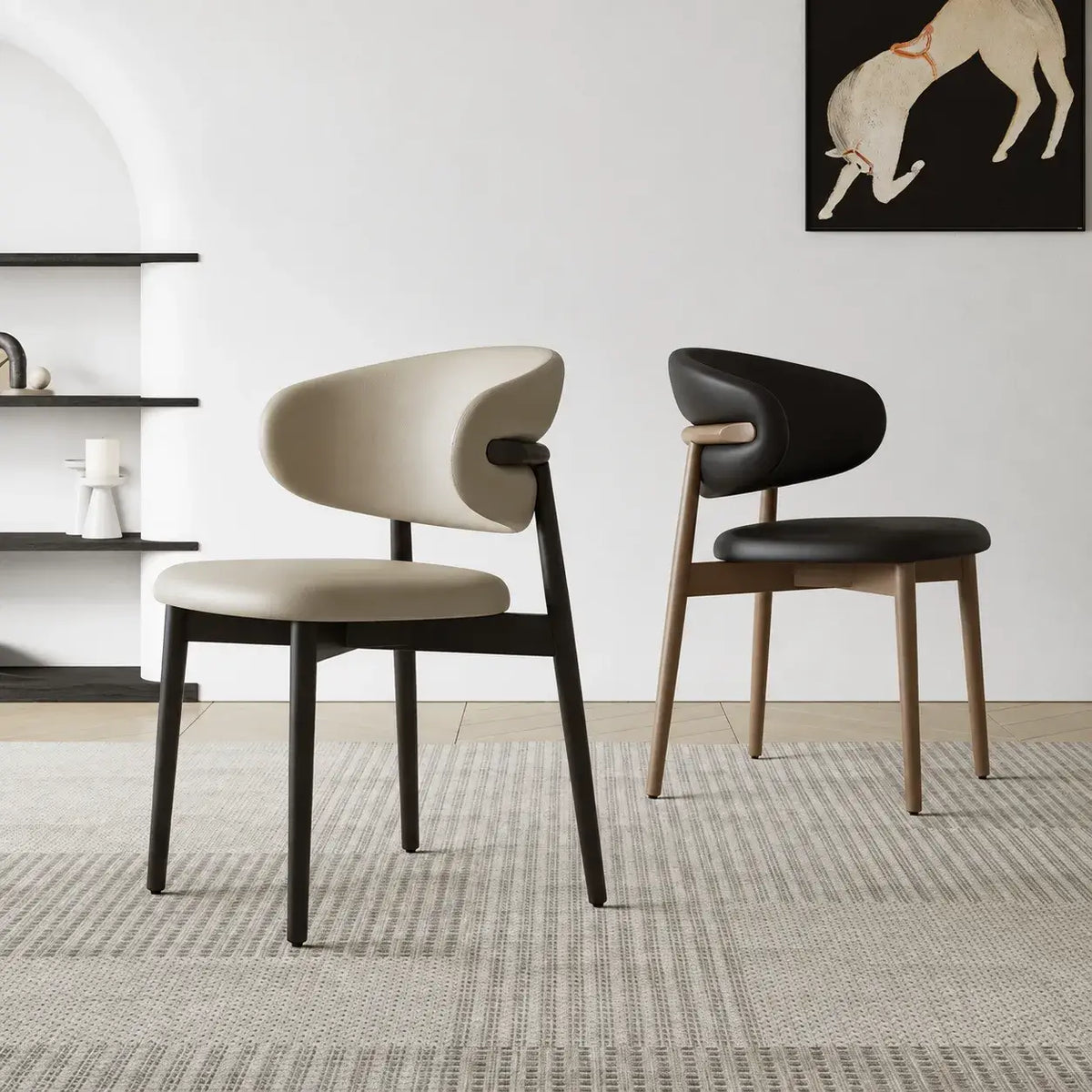 Curved Upholstered Dining Chair Series in Oak and Ash Wood Tones