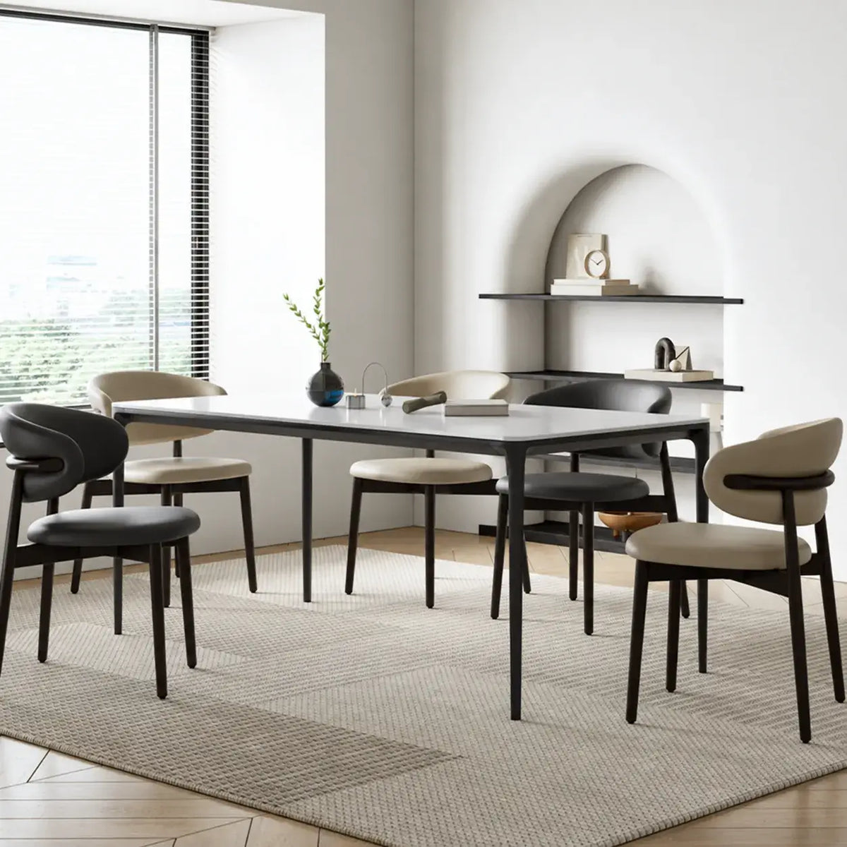 Curved Upholstered Dining Chair Series in Oak and Ash Wood Tones
