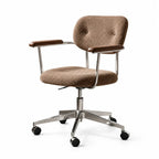 Curved Velvet Office Chair with Wood Armrests and Swivel Lift Base