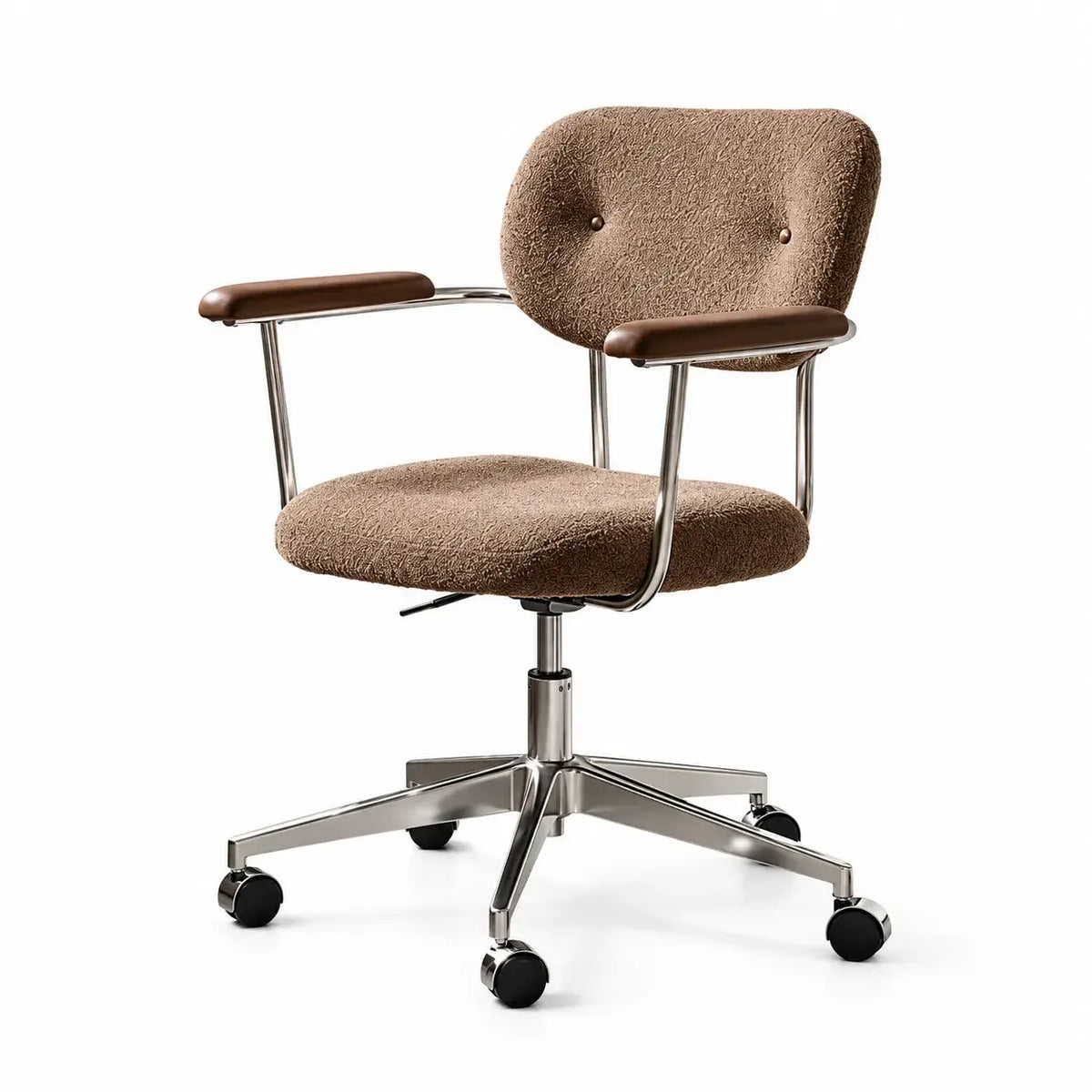 Curved Velvet Office Chair with Wood Armrests and Swivel Lift Base