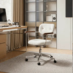 Curved Velvet Office Chair with Wood Armrests and Swivel Lift Base