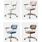 Curved Velvet Office Chair with Wood Armrests and Swivel Lift Base