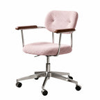 Curved Velvet Office Chair with Wood Armrests and Swivel Lift Base