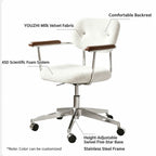 Curved Velvet Office Chair with Wood Armrests and Swivel Lift Base