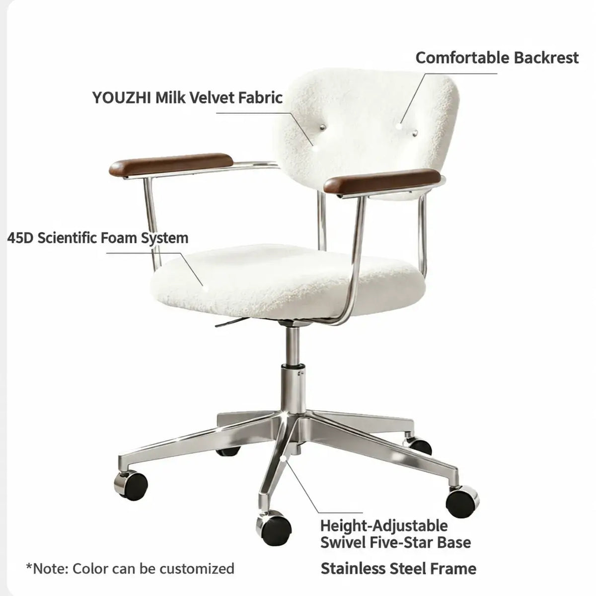 Curved Velvet Office Chair with Wood Armrests and Swivel Lift Base