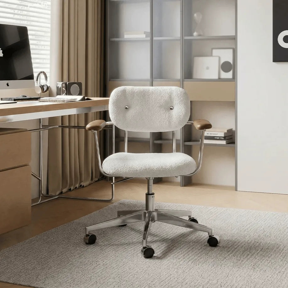 Curved Velvet Office Chair with Wood Armrests and Swivel Lift Base