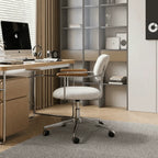 Curved Velvet Office Chair with Wood Armrests and Swivel Lift Base