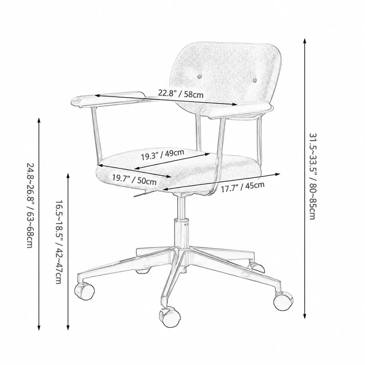 Curved Velvet Office Chair with Wood Armrests and Swivel Lift Base Dimensions