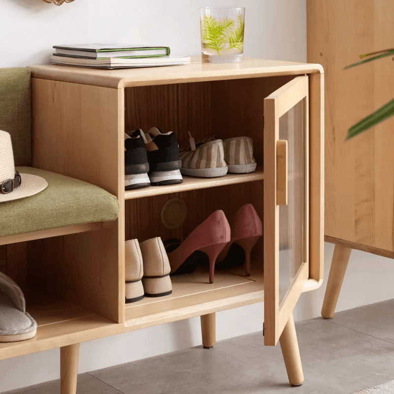 Cushioned Wooden Shoe Bench with Storage - Green/Gray