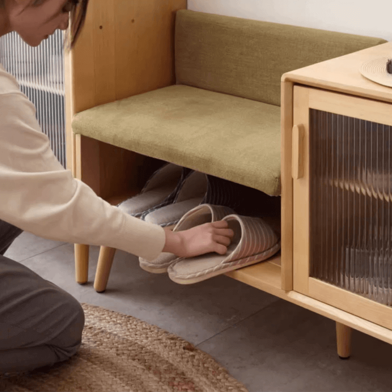 Cushioned Wooden Shoe Bench with Storage - Green/Gray