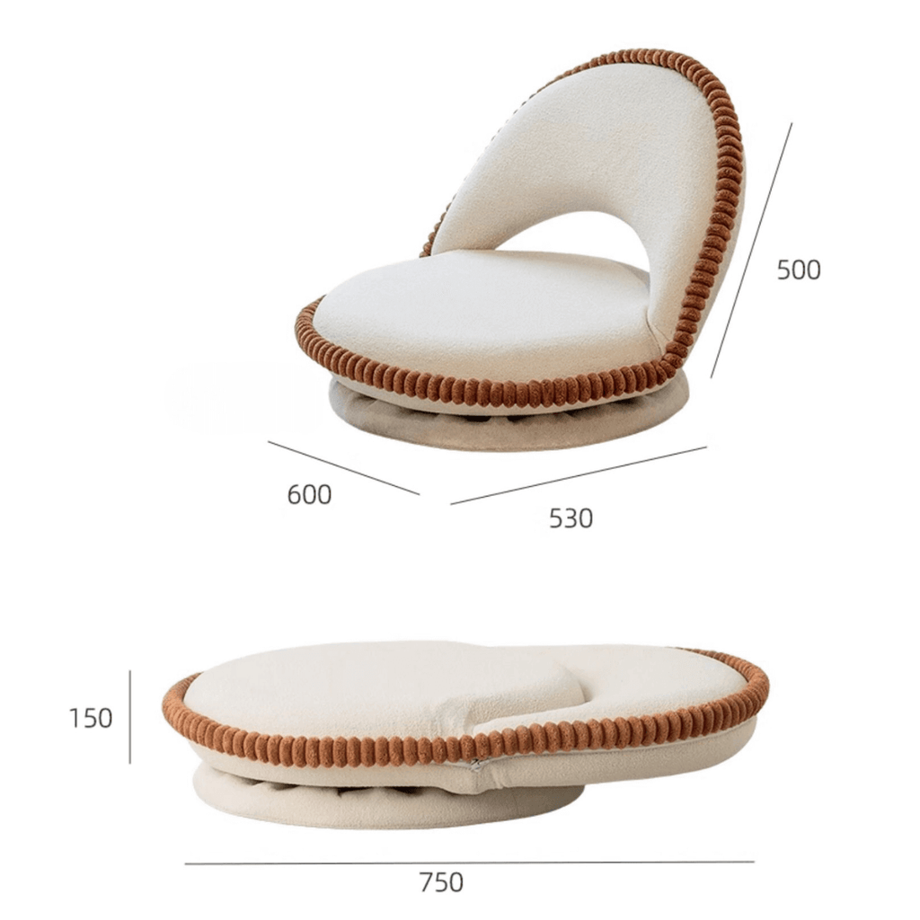 White armless tatami sofa with cute teddy velvet and cookie-shaped design dimensions