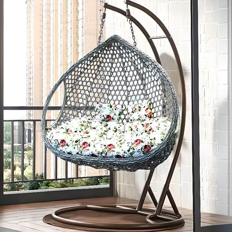 Oxidation resistant tropical magenta and grey basket alloy framed porch swing with stand and cushions