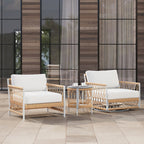 Outdoor 3-piece swivel sofa set with aluminum frame, weave rope, and side table in khaki
