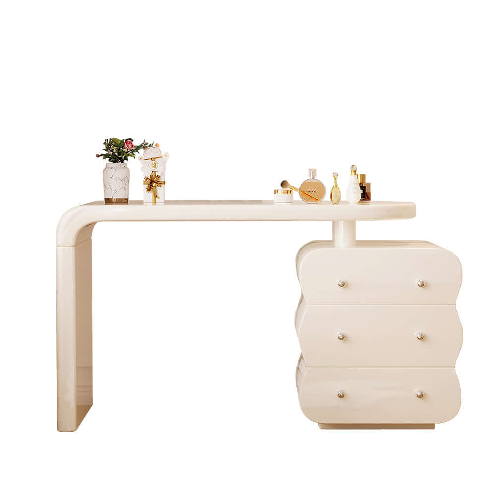 White makeup vanity featuring an adjustable side cabinet with three drawers for storage