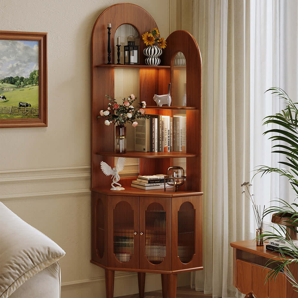 Retro solid wood corner shelf bookcase designed to save space in small living areas