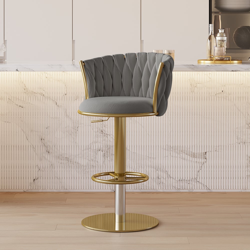 Set of 2 gray swivel bar stools with velvet curved back and adjustable height