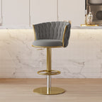 Set of 2 gray swivel bar stools with velvet curved back and adjustable height