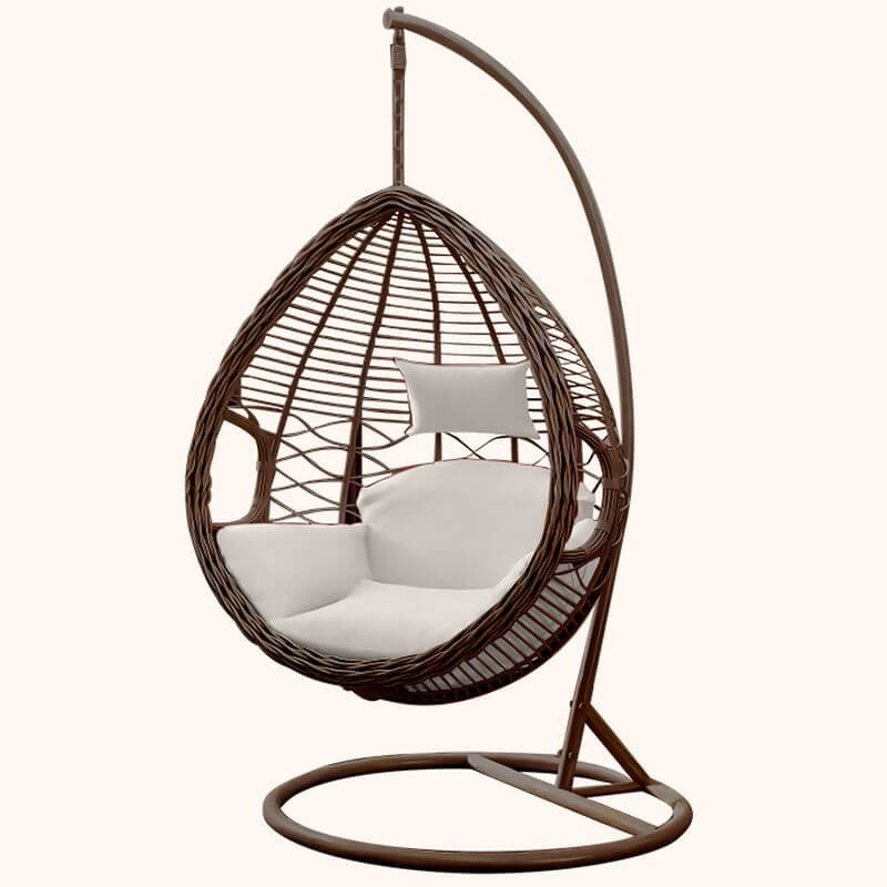 Metal upholstered porch swing egg chair with stand and chain, seating for two in cocoa and cream colors