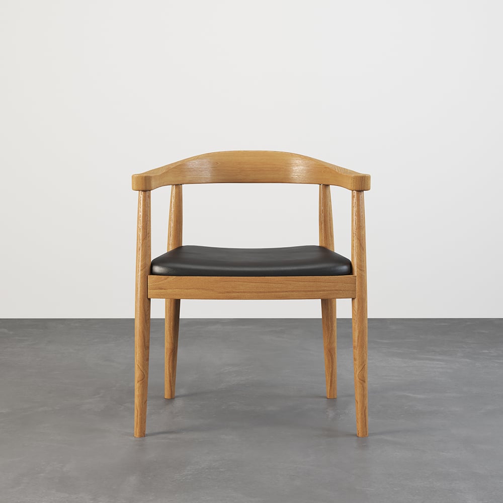 Set of four modern curved back dining chairs with walnut wooden frame and upholstered leather seats