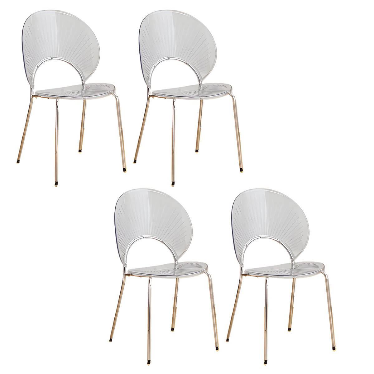 Stackable acrylic dining chair with open back and metal legs, armless design for modern dining rooms