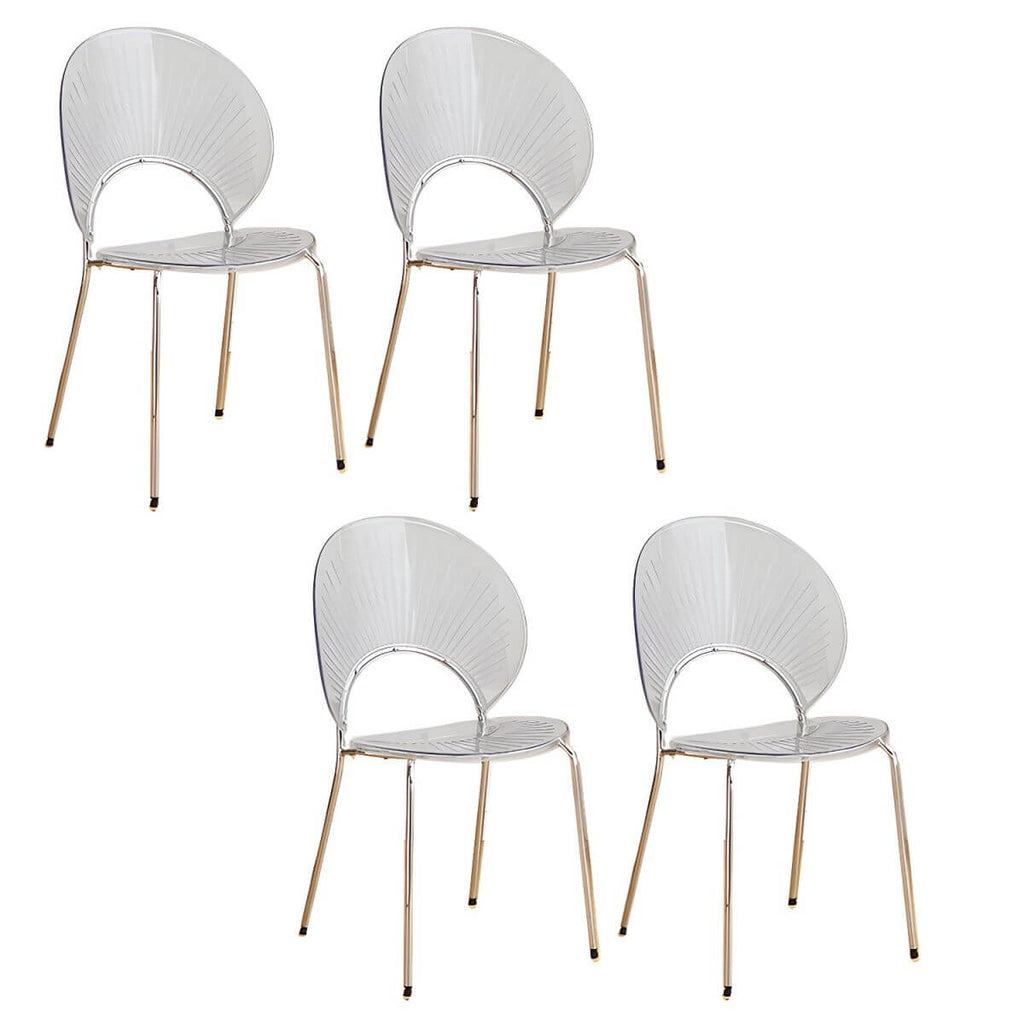 Stackable acrylic dining chair with open back and metal legs, armless design for modern dining rooms