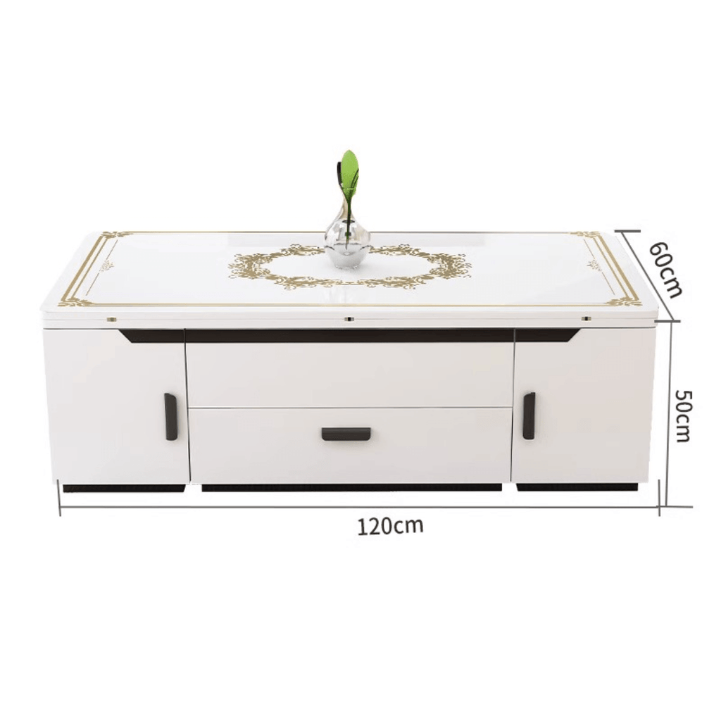 White lift-top coffee table with storage and stools, perfect for compact living spaces