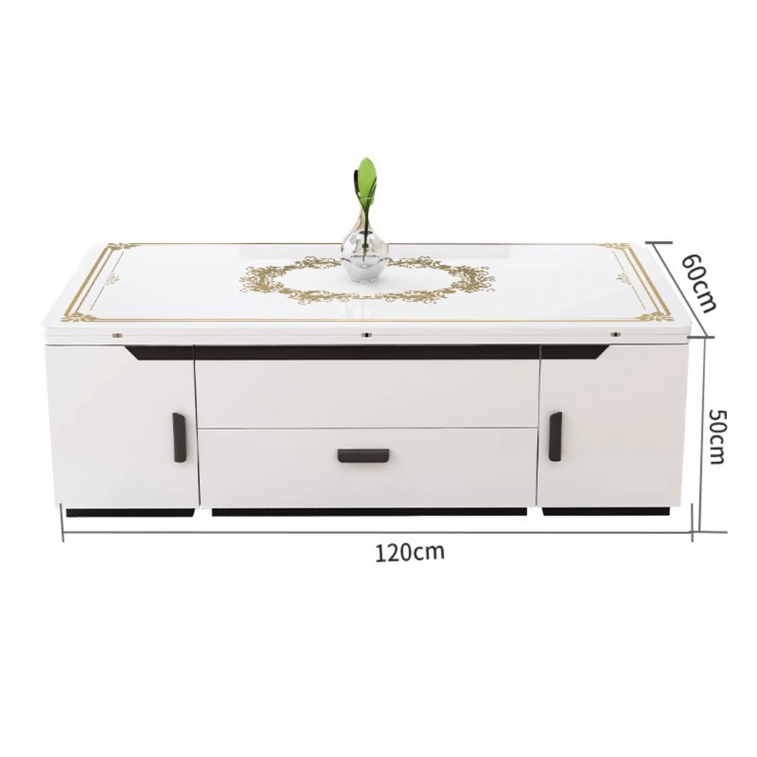 White lift-top coffee table with storage and stools, perfect for compact living spaces